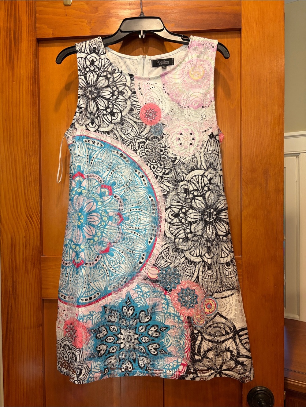 Papillon Blanc Blue, Pink & Black Mandala A-Line Mini Dress